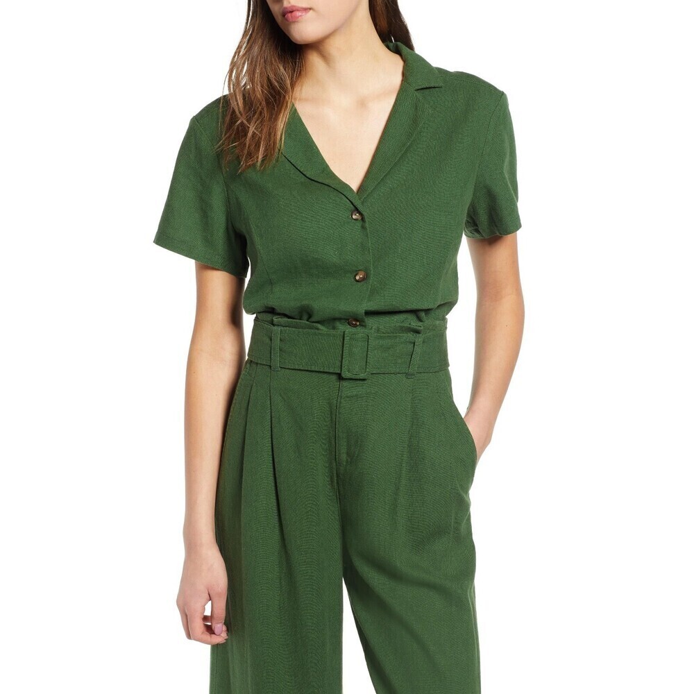 BP women's Linen Blend Crop Camp Shirt short sleeve In Green Size S